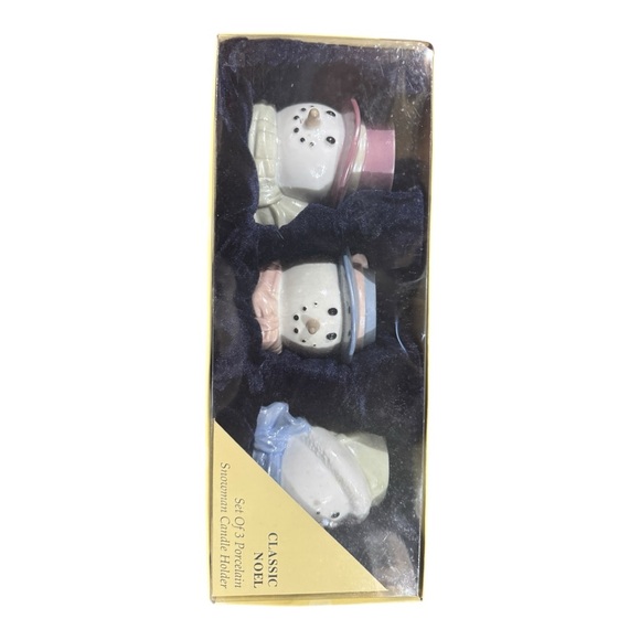 NEW SET OF 3 - Christmas Candle Holders Classic Noel Porcelain Snowmen Holiday - Picture 2 of 6